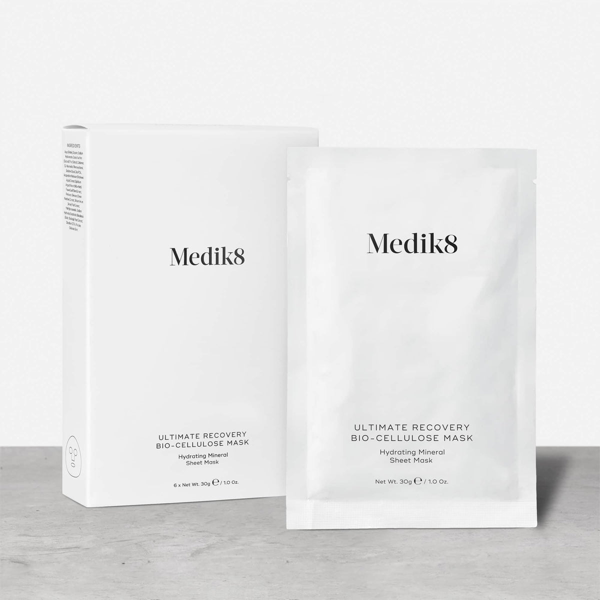 Medik8 Ultimate Recovery Bio-Cellulose Mask 6 pack carton shown beside a single sachet
