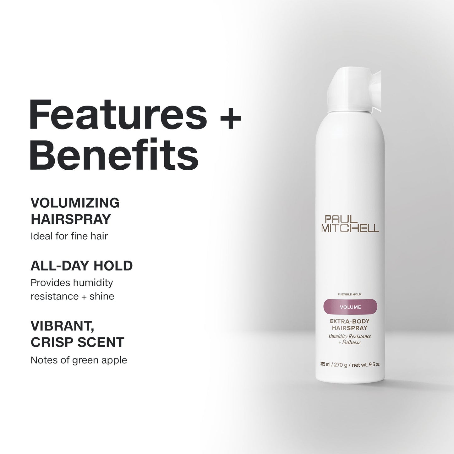 Paul Mitchell Extra-Body Finishing Spray features and benefits: fast-drying, volumising, humidity-resistant hold