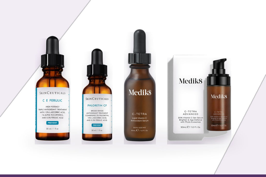 SkinCeuticals C E Ferulic and Phloretin CF beside Medik8 C-Tetra and C-Tetra Advanced vitamin C serums