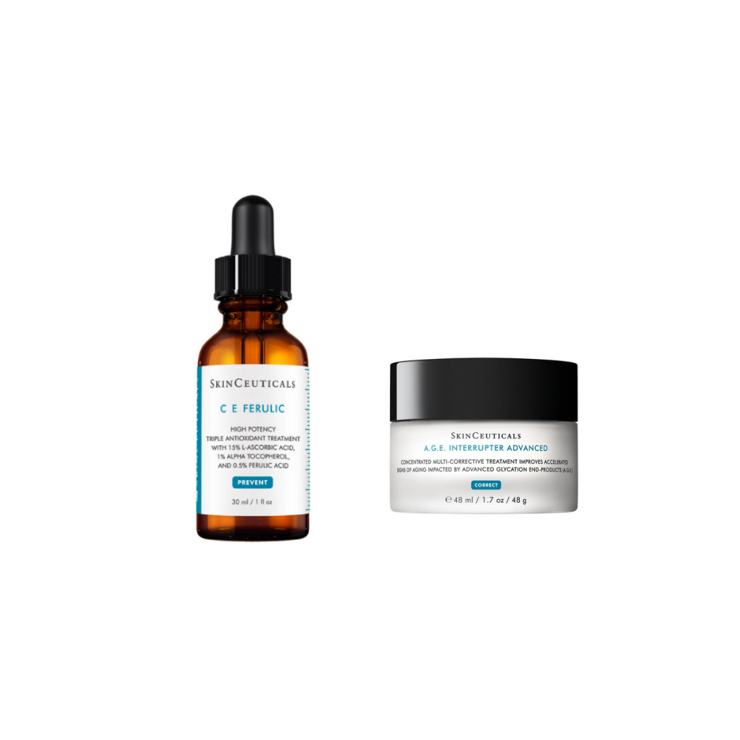 SkinCeuticals CE Ferulic 30ml and A.G.E. Interrupter Advanced 48ml on a white background