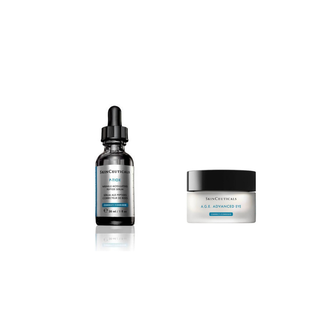 SkinCeuticals P-TIOX Anti-Wrinkle Serum 30ml and A.G.E. Advanced Eye 15ml on a white background
