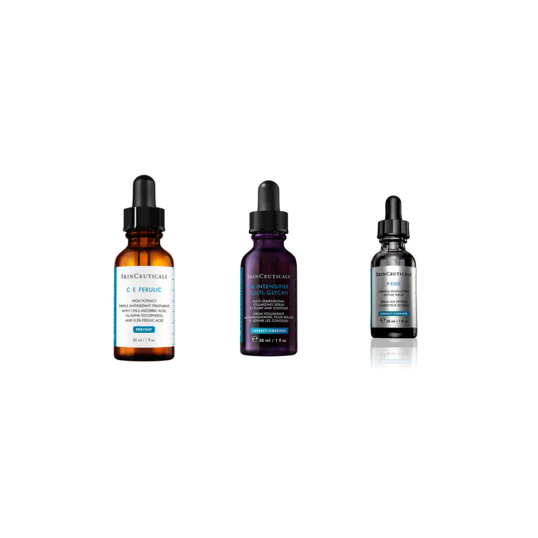 SkinCeuticals CE Ferulic 30ml, HA Intensifier Multi-Glycan 30ml and P-TIOX Anti-Wrinkle Serum 30ml on a white background