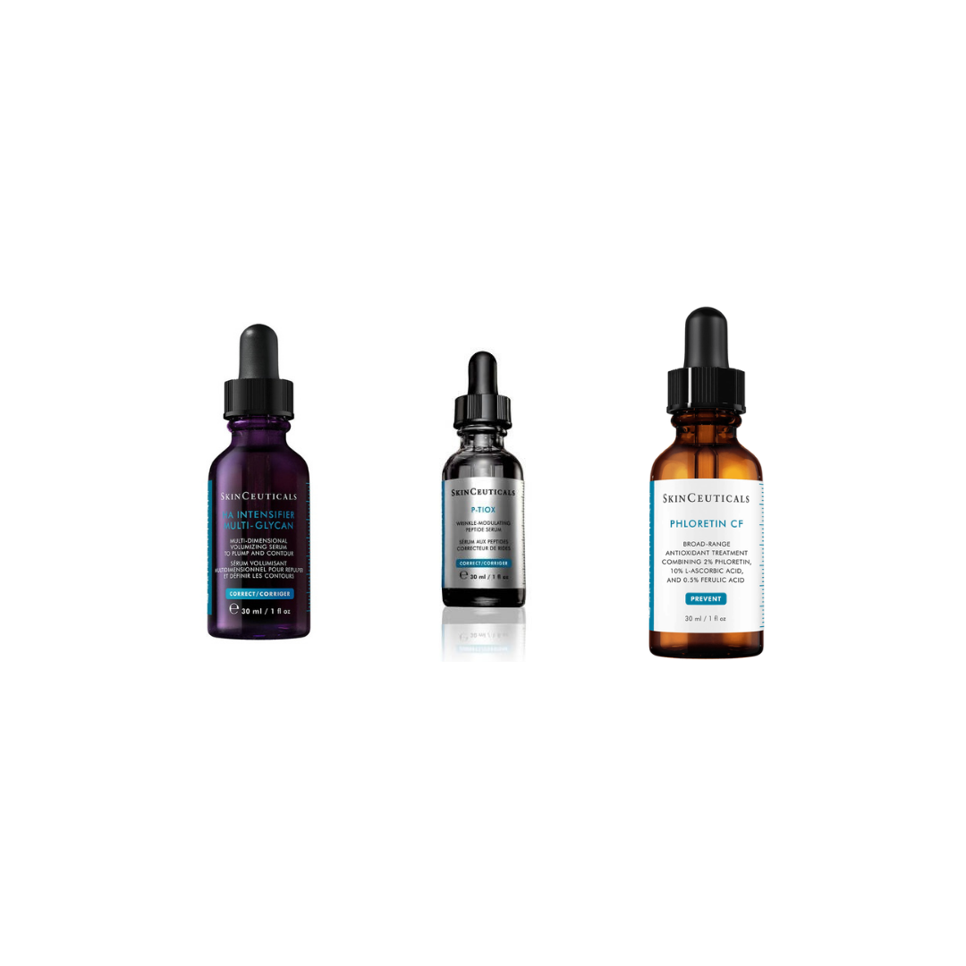 SkinCeuticals HA Intensifier Multi-Glycan 30ml, P-TIOX Anti-Wrinkle Serum 30ml and Phloretin CF Serum 30ml on a white background