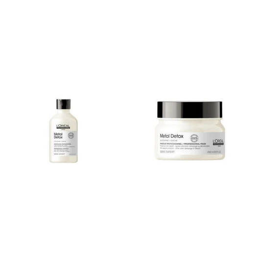 L'Oréal Professional Metal Detox Shampoo 300ml and Anti-Deposit Protector Mask 250ml on a white background