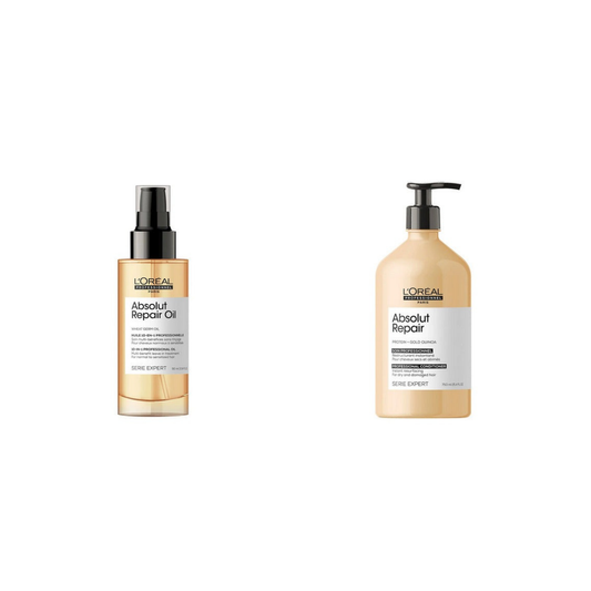 L'Oréal Professional Absolut Repair 10 in 1 Leave-In Oil 90ml and Conditioner 750ml on a white background