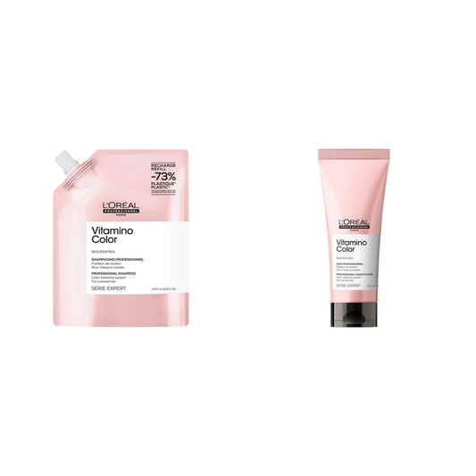 L'Oréal Professional Vitamino Color Shampoo Refill 500ml and Conditioner 200ml on a white background