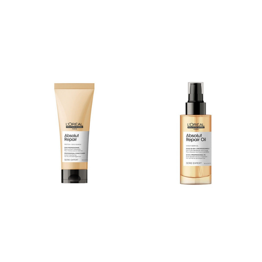 L'Oréal Professional Absolut Repair Conditioner 200ml and 10 in 1 Leave-In Oil 90ml on a white background
