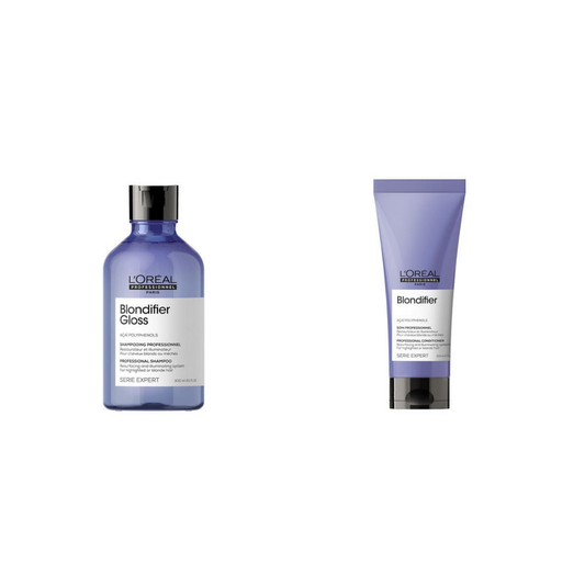 L'Oréal Professional Blondifier Gloss Shampoo 300ml and Conditioner 200ml on a white background