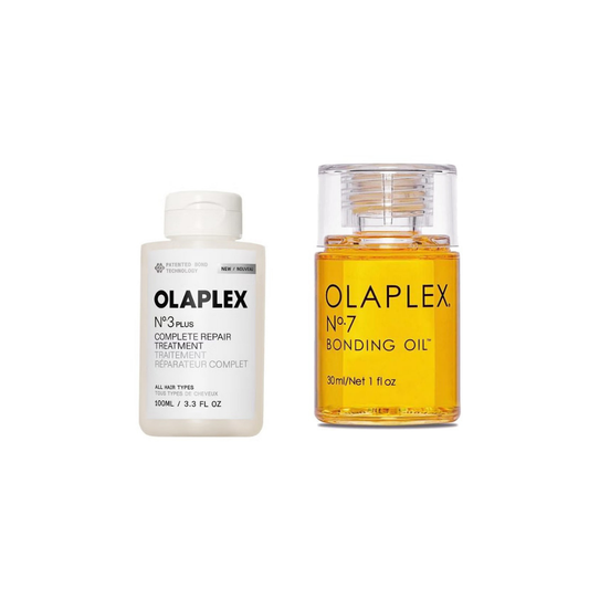 Olaplex No.3 PLUS Complete Repair Treatment 100ml and No.7 Bonding Oil 30ml on a white background