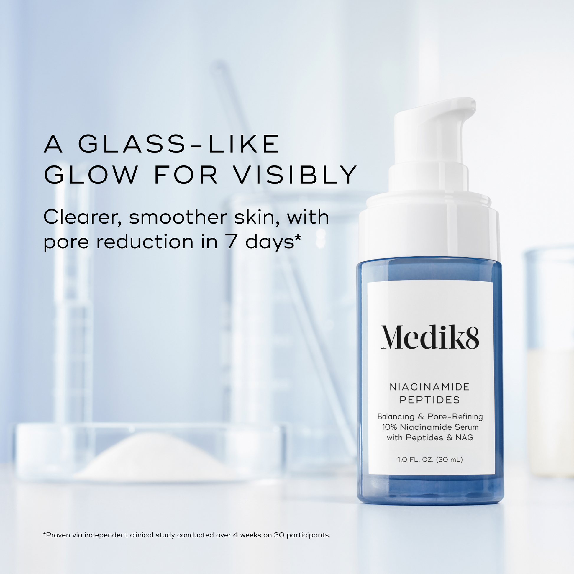 Medik8 Niacinamide Peptides bottle in a laboratory setting, with the claim of a glass-like glow for visibly clearer, smoother skin and pore reduction in 7 days.