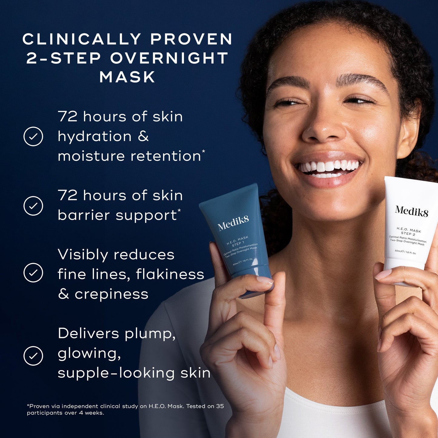 Medik8 H.E.O. Mask key benefits - clinically proven 2-step overnight mask, 72 hours hydration and barrier support