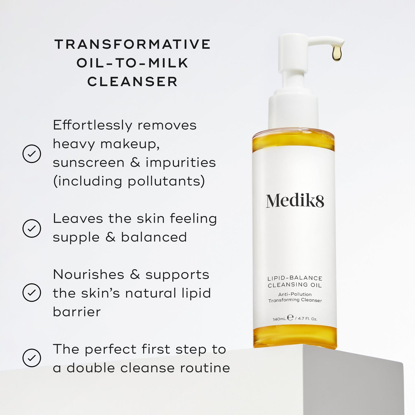 Medik8 Lipid Balance Cleansing Oil key benefits - dissolves waterproof make-up and impurities, suitable for sensitive skin