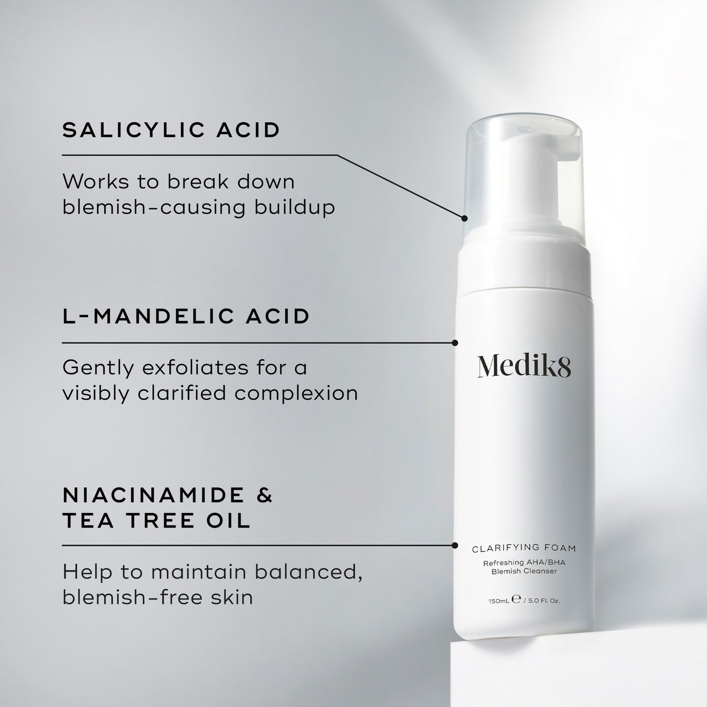 Medik8 Clarifying Foam key ingredients - Salicylic Acid, L-Mandelic Acid, Niacinamide and Tea Tree Oil