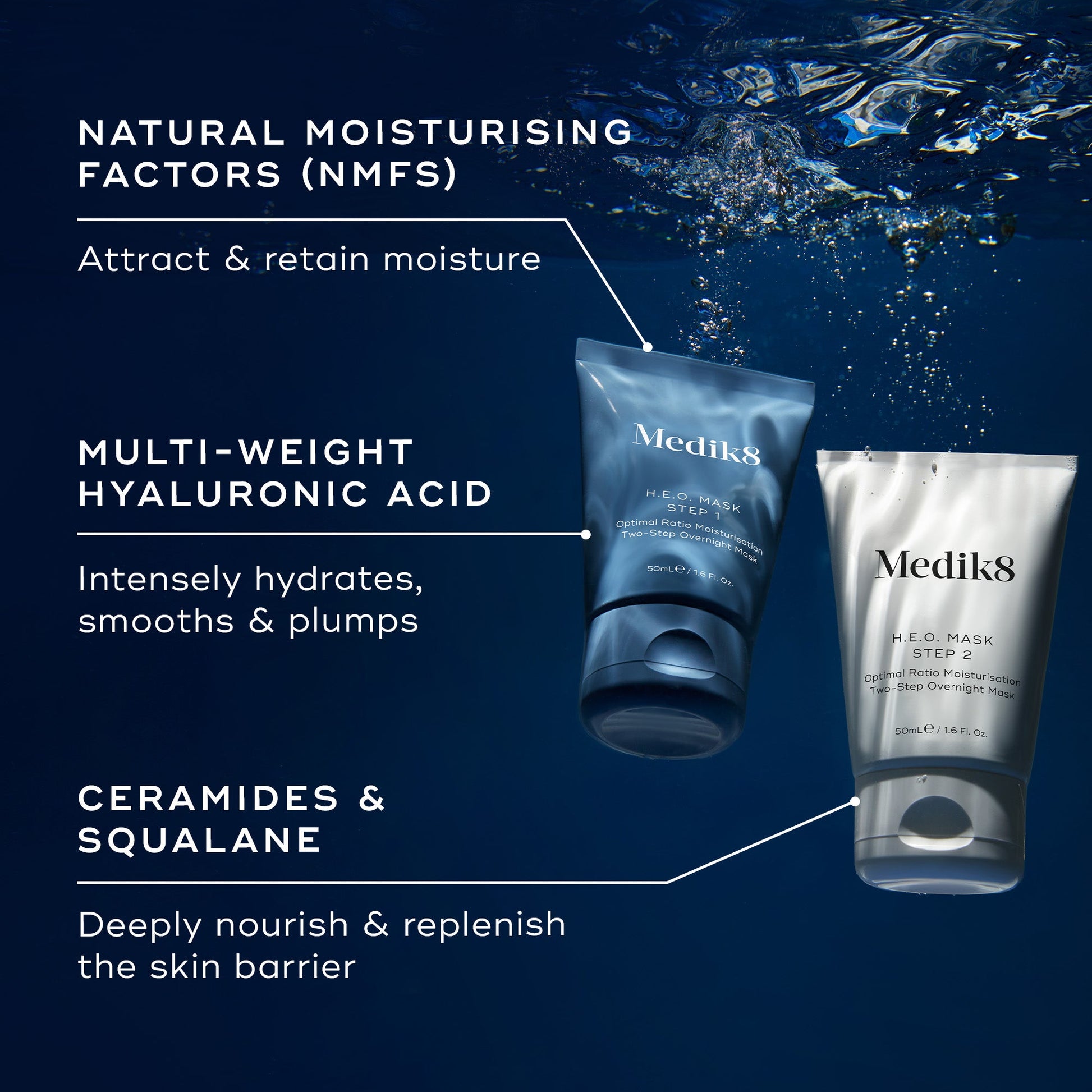 Medik8 H.E.O. Mask key ingredients - natural moisturising factors, multi-weight hyaluronic acid, ceramides and squalane