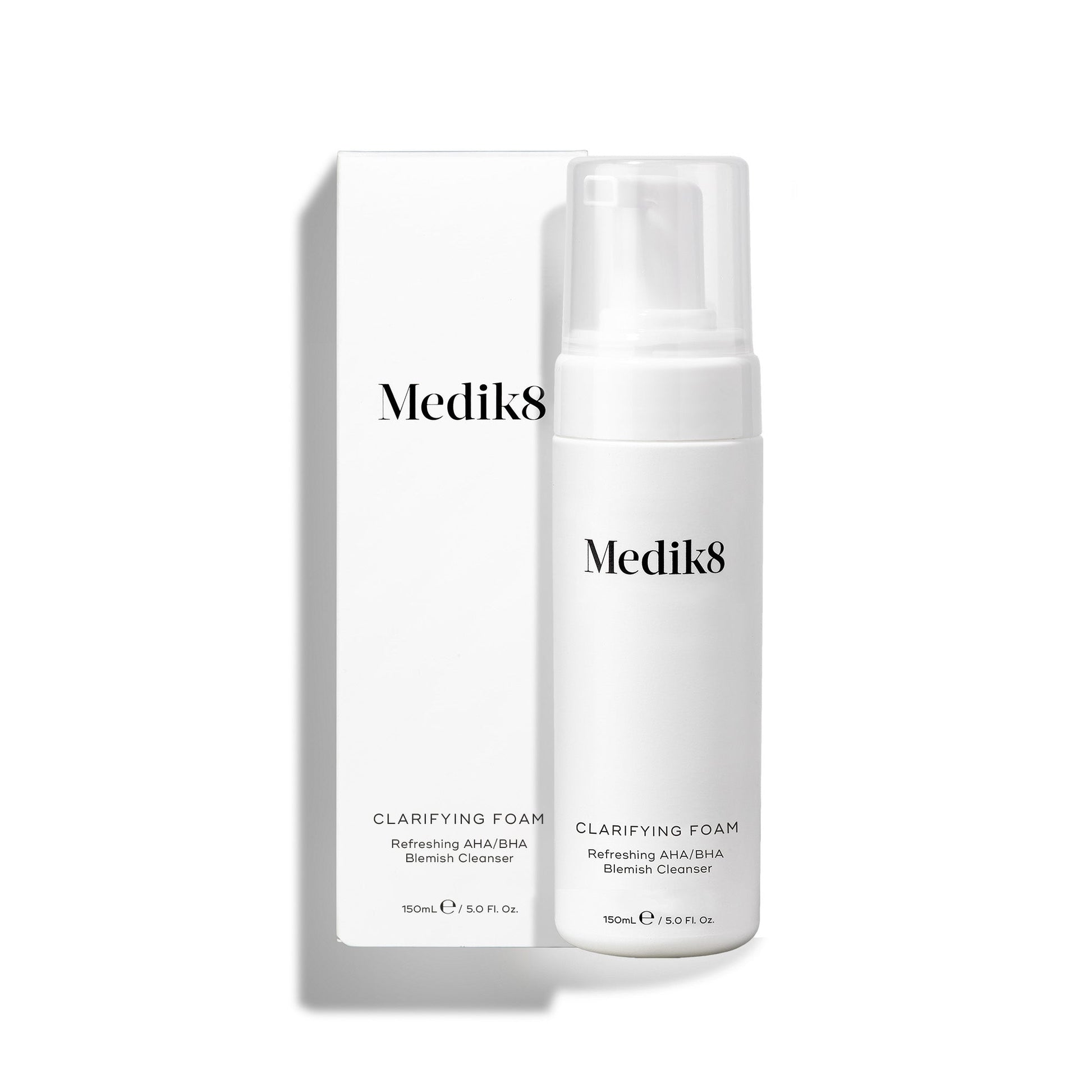Medik8 Clarifying Foam 150ml pump bottle shown with its outer carton