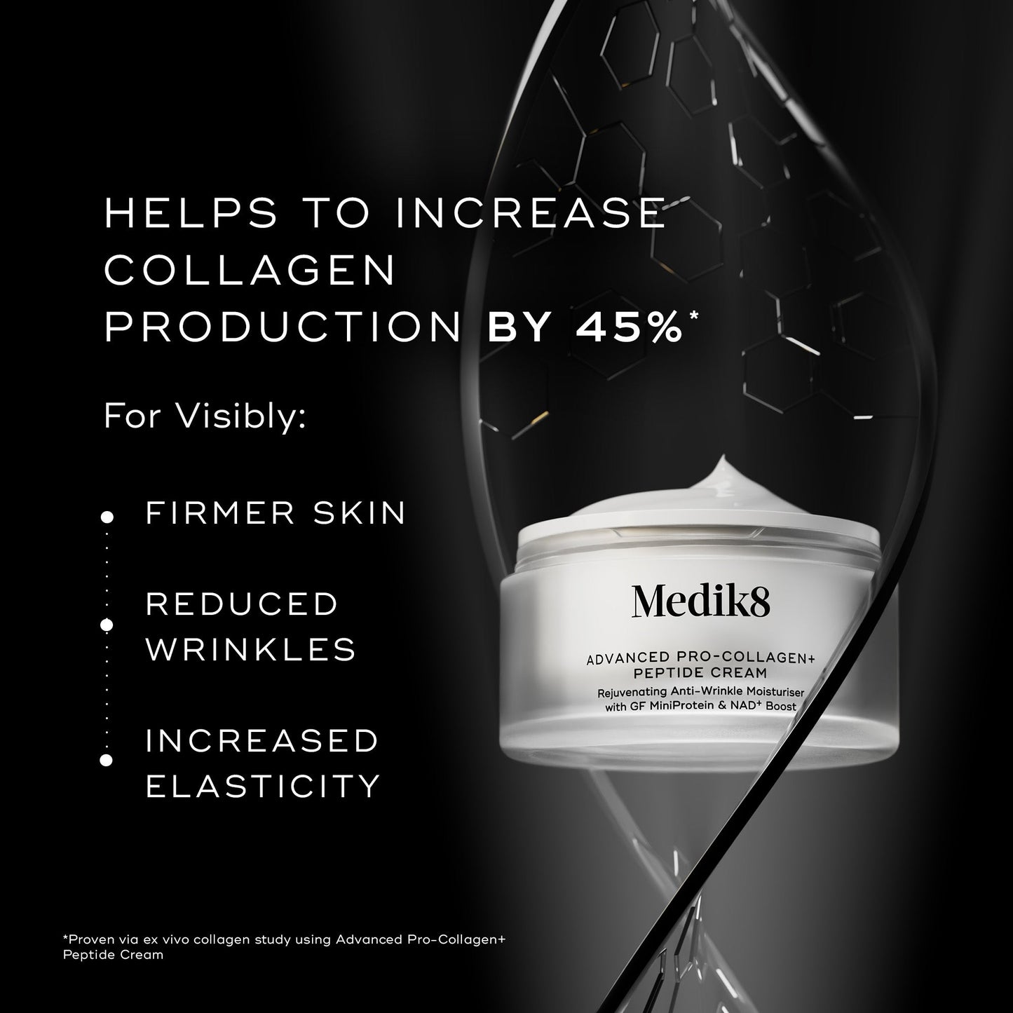 Medik8 Advanced Pro-Collagen+ Peptide Cream jar on a black background, with the claim that it helps increase collagen production by 45% and bullet points for firmer skin, reduced wrinkles and increased elasticity.