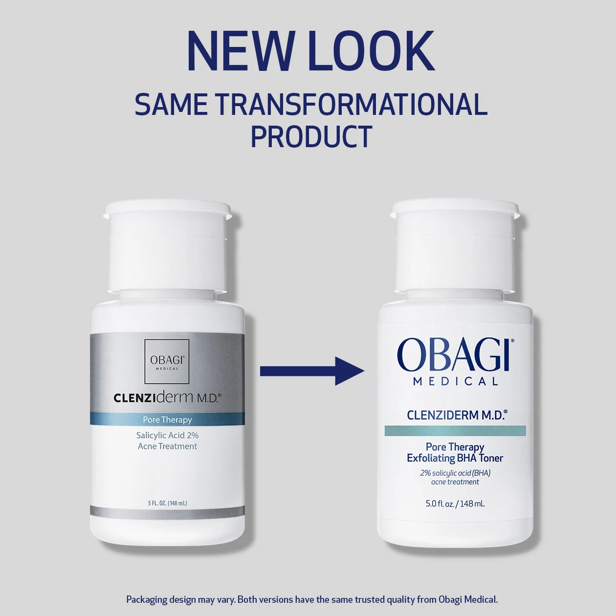 Obagi CLENZIderm M.D. Pore Therapy Toner 148ml, new and previous packaging shown side by side