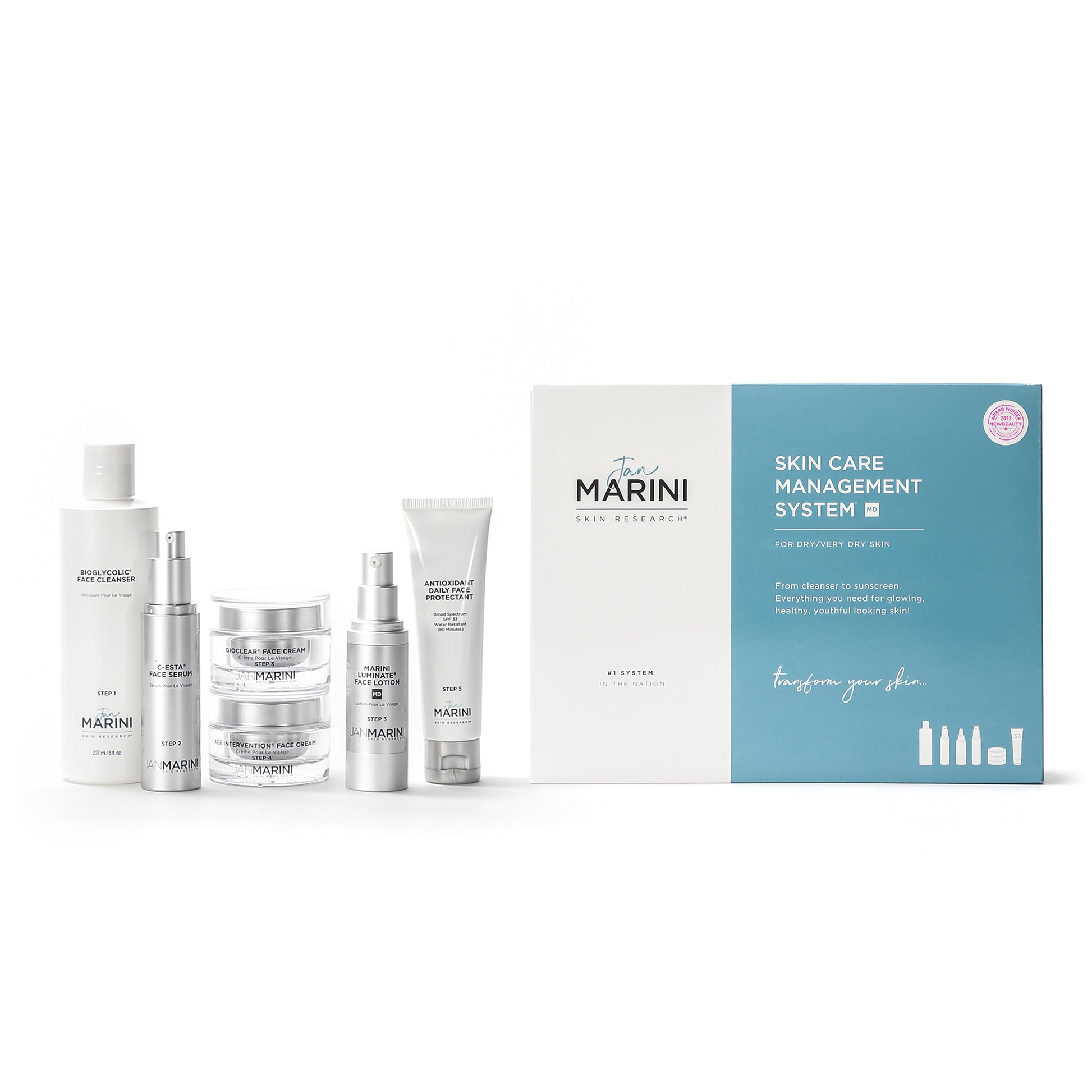 image of a vox of marini skin care management system, next to it 6 products stacked on top and next of each other
