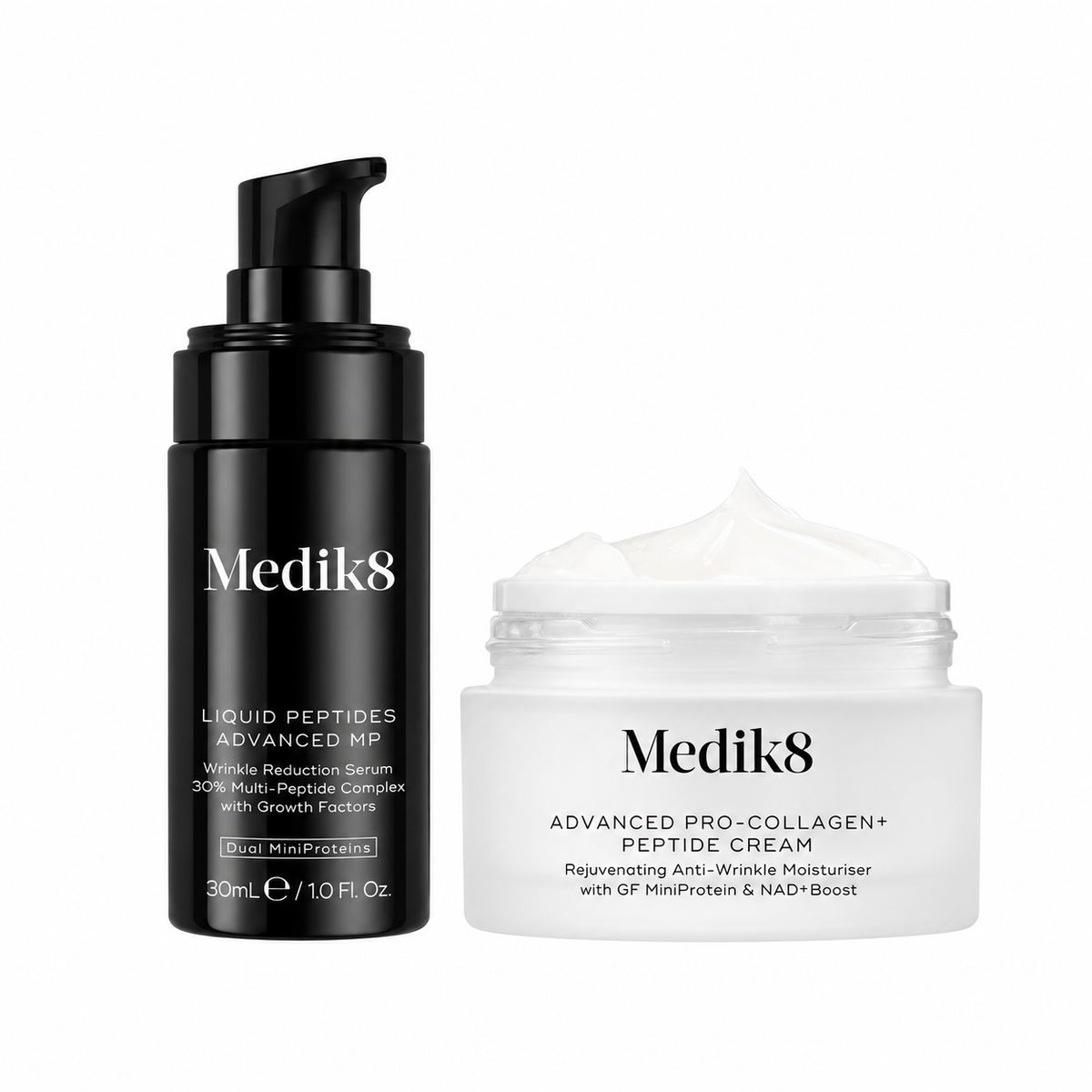 Medik8 Liquid Peptides Advanced MP & Advanced Pro-Collagen+ Peptide Cream Duo — both included products