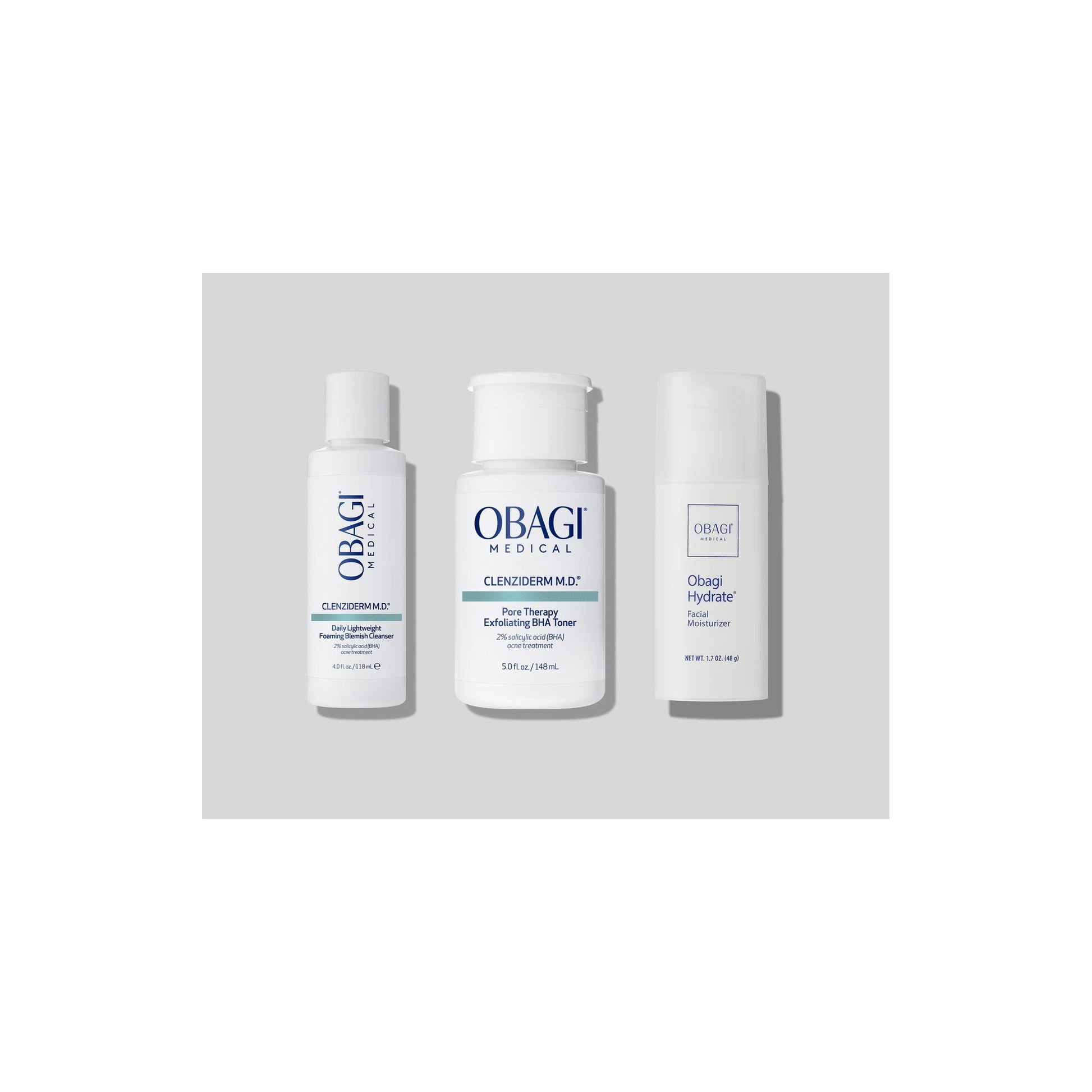 Obagi CLENZIderm M.D. Foaming Cleanser 118ml, Pore Therapy Toner 148ml and Hydrate Facial Moisturiser 48g shown together, three-step blemish routine