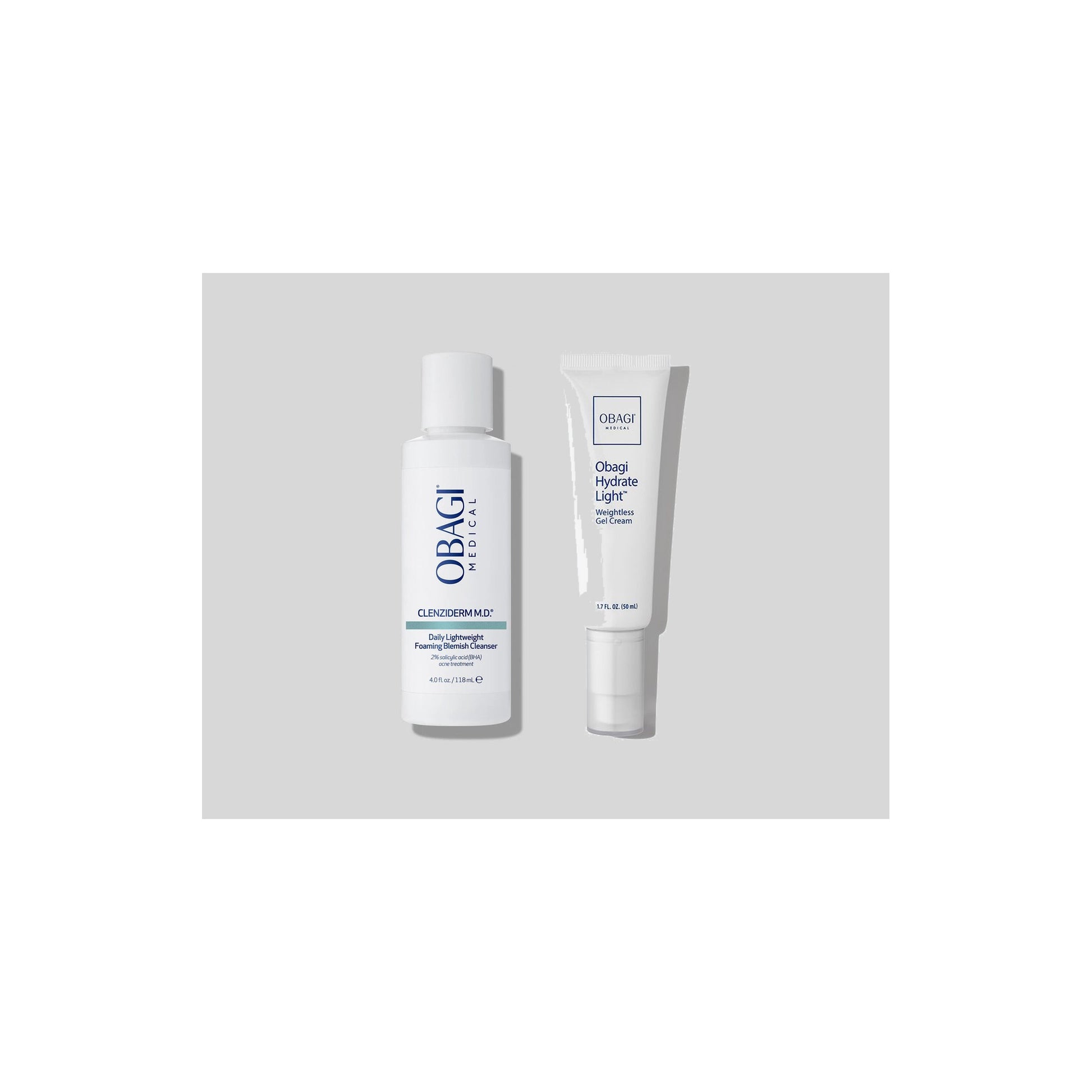 Obagi CLENZIderm M.D. Foaming Cleanser 118ml and Hydrate Light Weightless Gel Cream 50ml shown together, oil-free cleanse and hydrate duo
