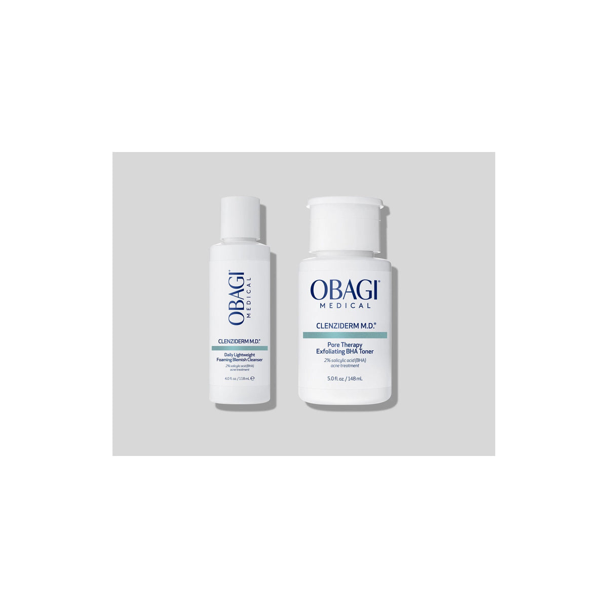 Obagi CLENZIderm M.D. Foaming Cleanser 118ml and Pore Therapy Toner 148ml shown together, 2% salicylic acid duo for blemish-prone skin