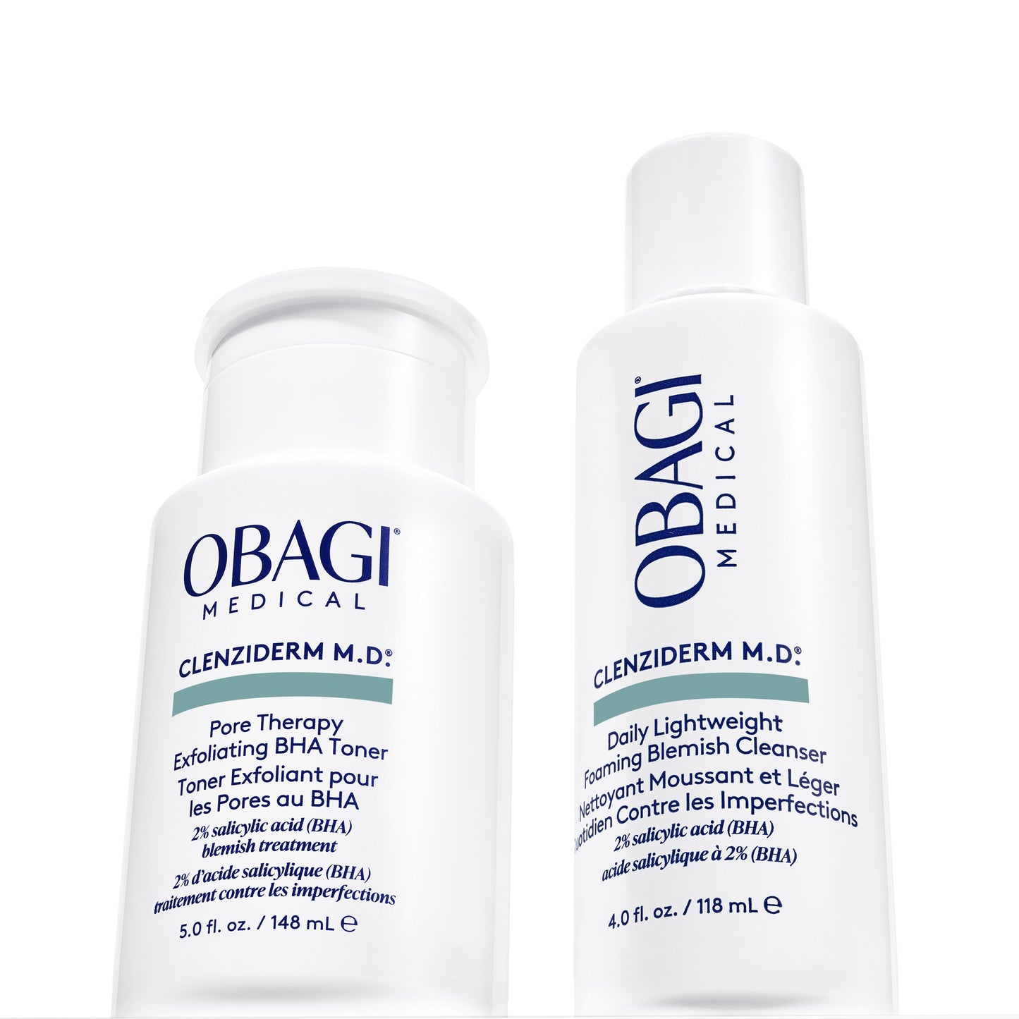 Obagi CLENZIderm M.D. Pore Therapy Toner and Daily Care Foaming Cleanser shown together as a blemish-control routine