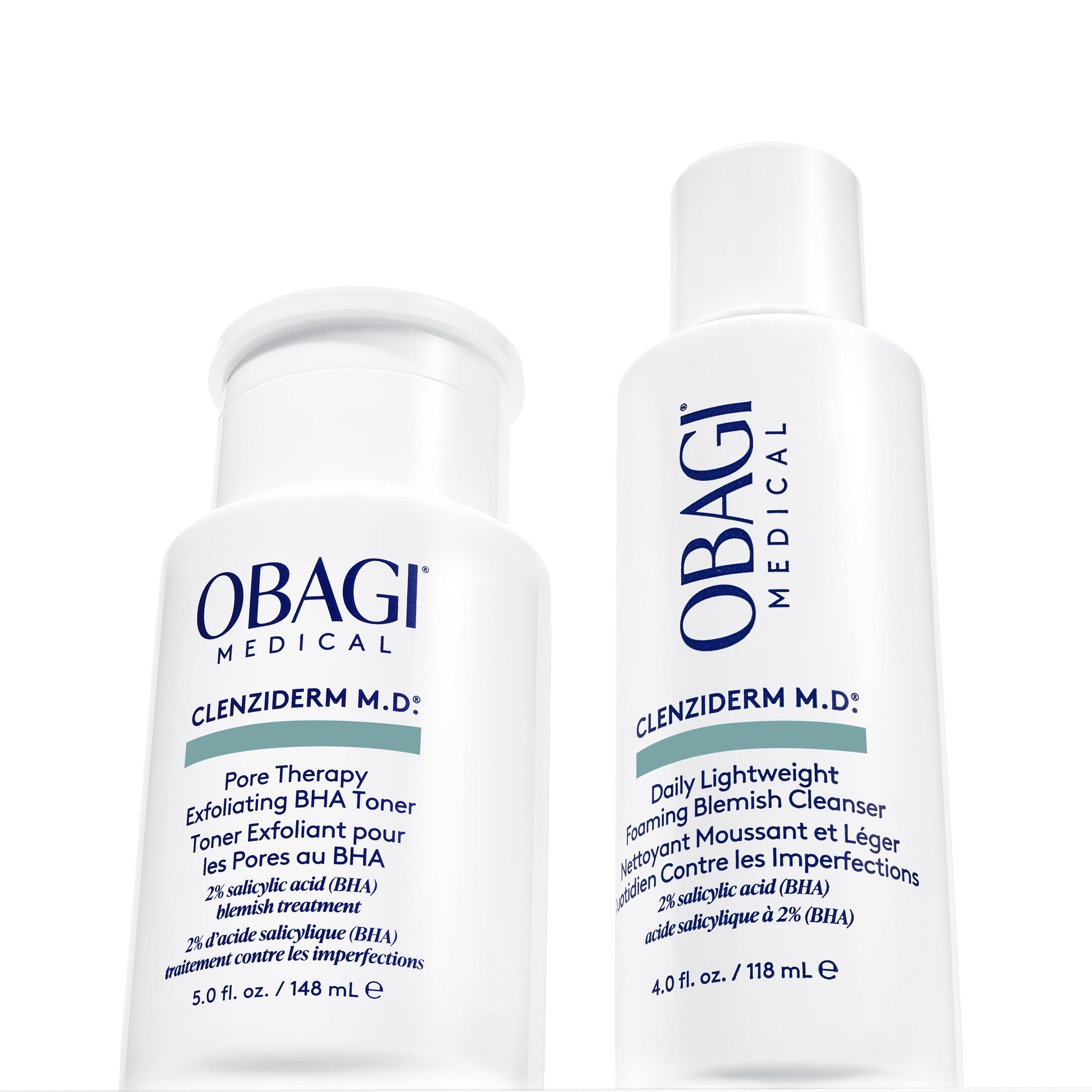 Obagi CLENZIderm M.D. Pore Therapy Toner and Daily Care Foaming Cleanser shown together as a blemish-control routine