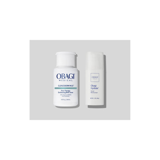 Obagi CLENZIderm M.D. Pore Therapy Toner 148ml and Hydrate Facial Moisturiser 48g shown together, exfoliating BHA and moisturiser duo