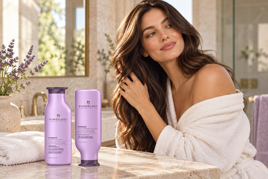 Pureology Hydrate shampoo and conditioner in a sunlit haircare ritual
